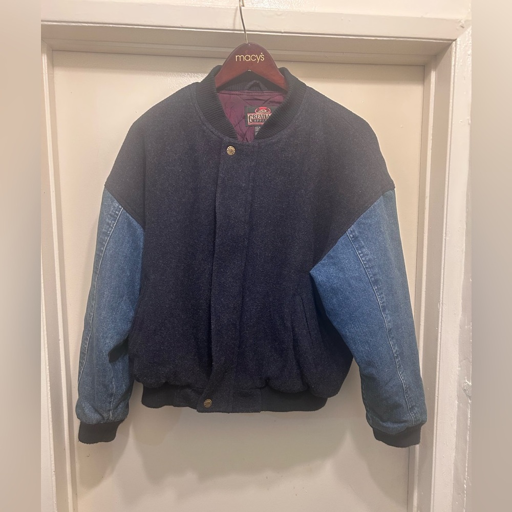 Vintage 90s Greatland Apparel Denim Sleeve Wool Bomber Jacket Mens Large VTG Y2K
